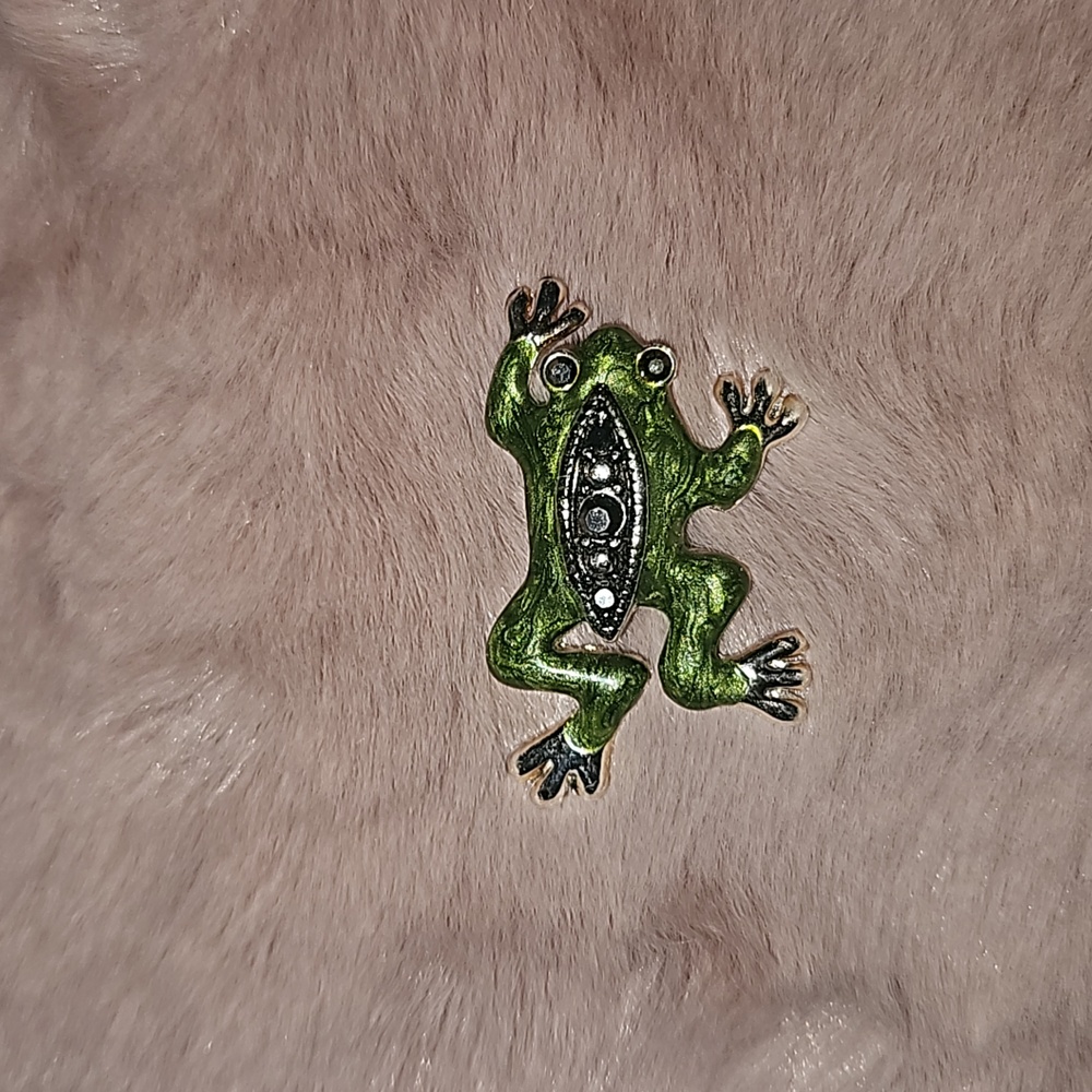 Green Enamel Frog Brooch with stones 2" L